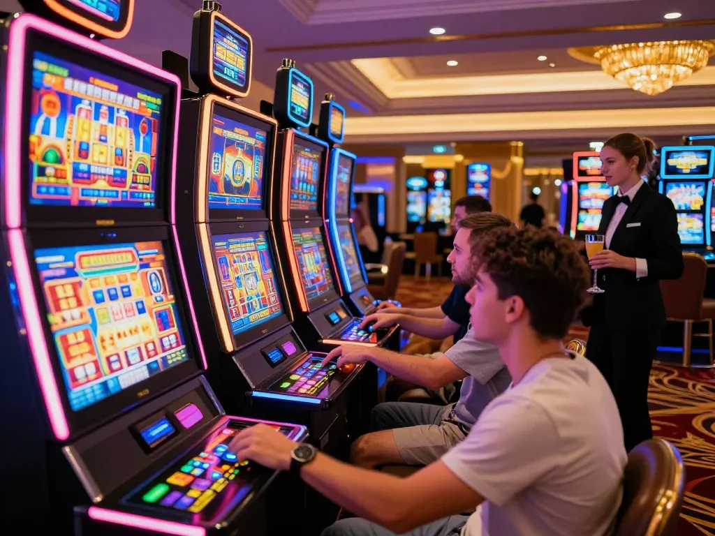 Players enjoying thrilling gameplay at a vibrant slot server luar negeri gaming area in a luxurious casino.