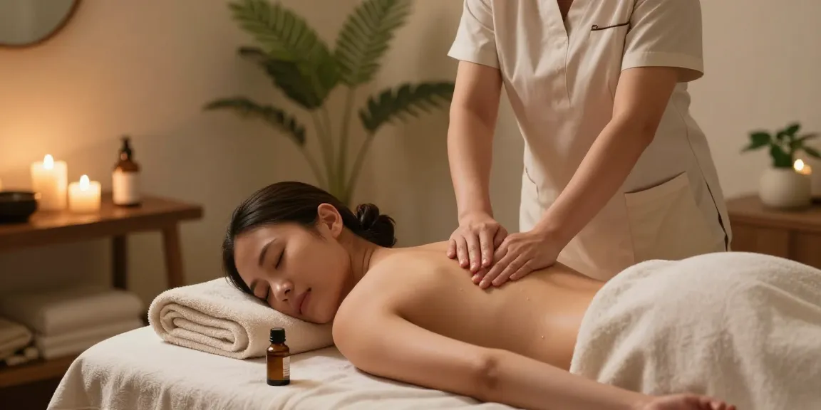 Massage therapy session with a therapist performing 마사지 in a tranquil spa setting with soothing ambiance.