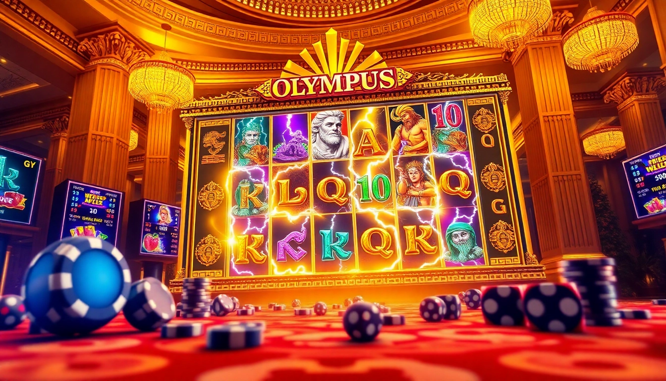 Putar gulungan permainan slot Olympus di latar belakang kasino virtual yang mewah.
