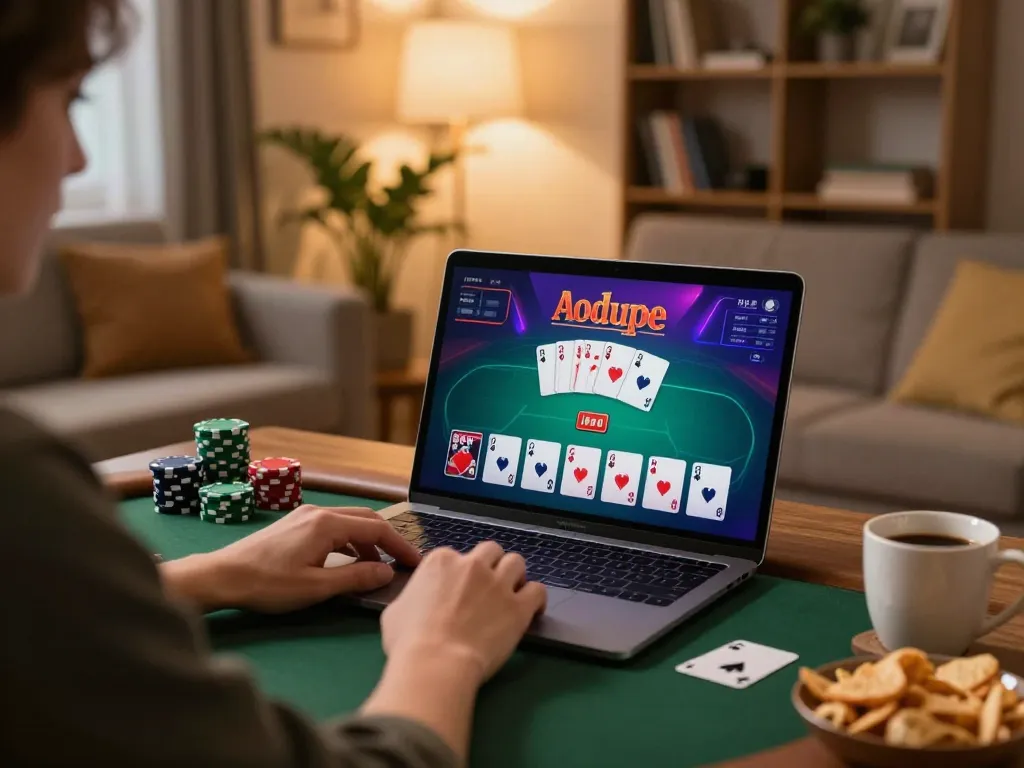 Engaging in Poker Online with a vibrant interface on a laptop in a cozy home setting.