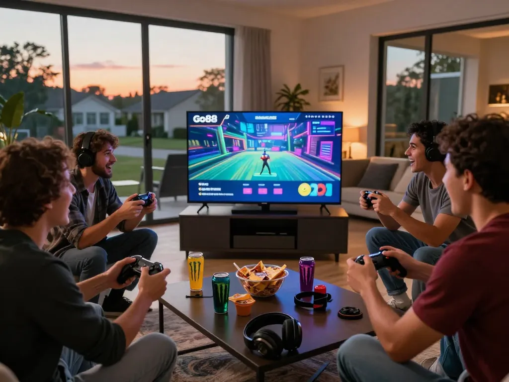 Tải go88 with friends enjoying a gaming session in a vibrant living room.