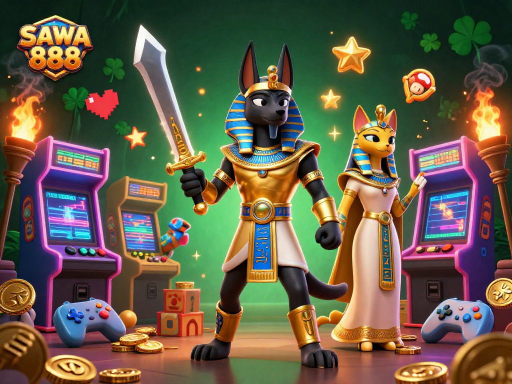 SAWA 888 brings excitement alive with Anubis and Bastet among vibrant gaming elements.