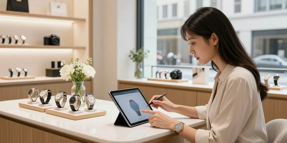 Browsing stylish 시계 레플리카 in modern shop with elegant displays and natural light