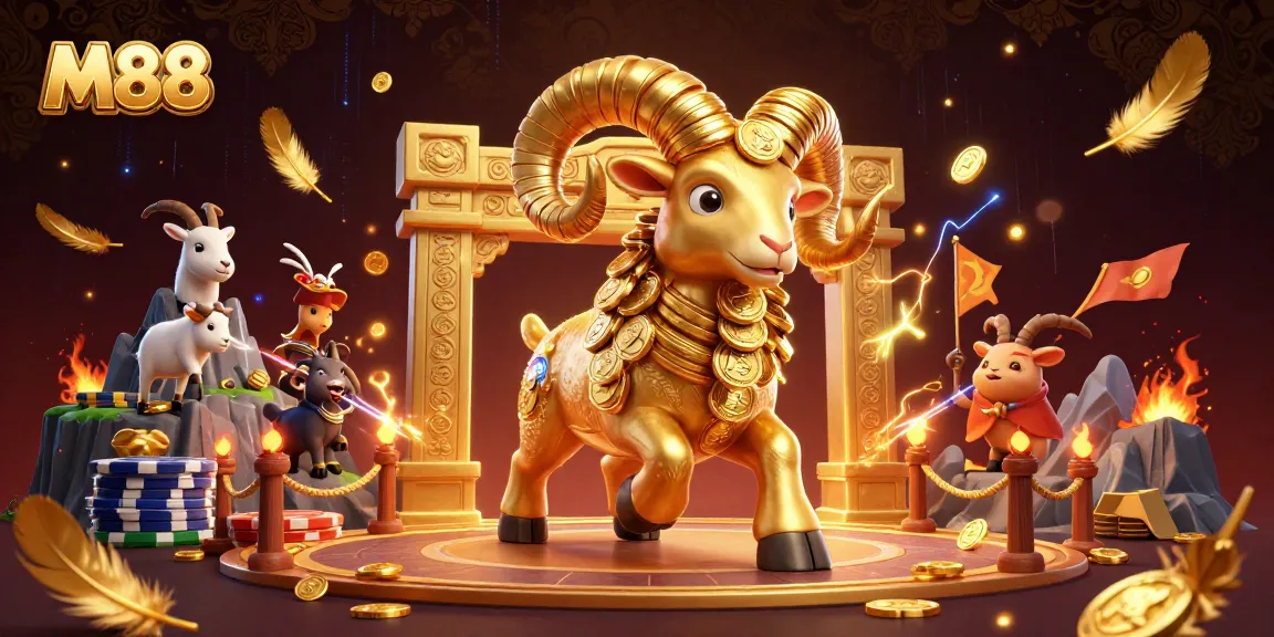 Engage in exhilarating M88 betting experiences with a golden ram charging through a dynamic casino scene.