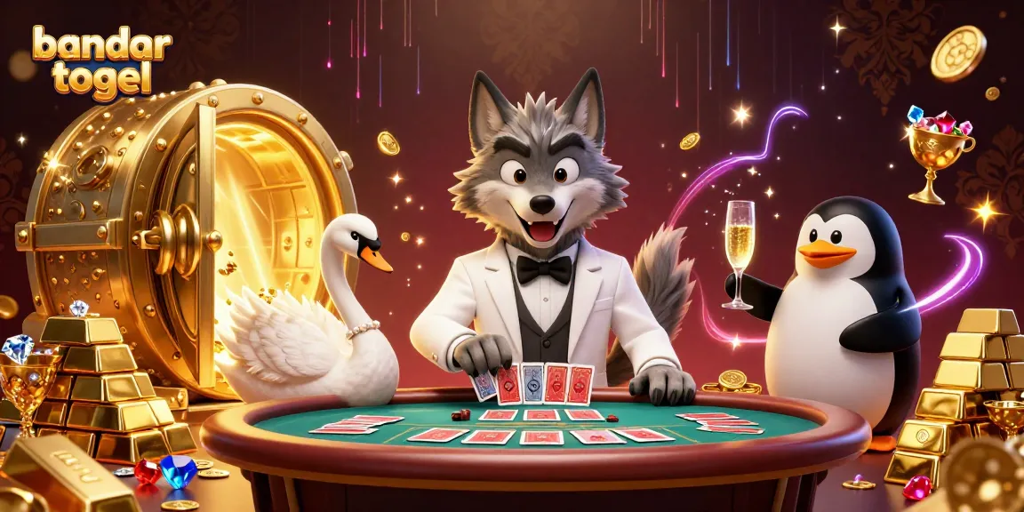 Win big with bandar togel in a vibrant 3D casino scene featuring cartoon characters and sparkling treasures.