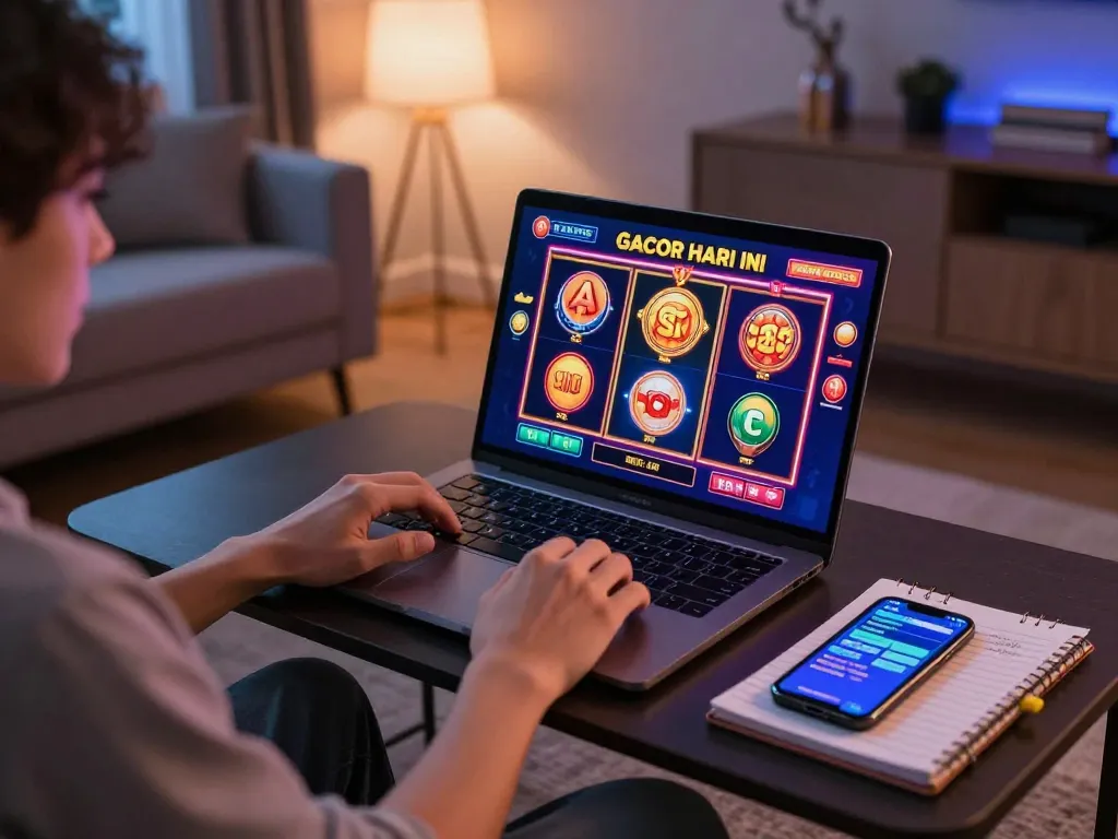 Engaging in slot gacor hari ini from a modern home setup with colorful graphics.