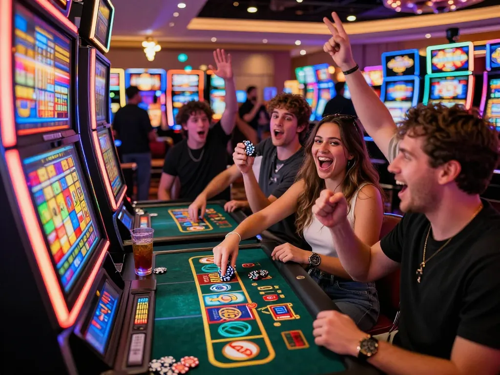Teman-teman merayakan kemenangan di mesin slot link di kasino Las Vegas yang penuh warna.