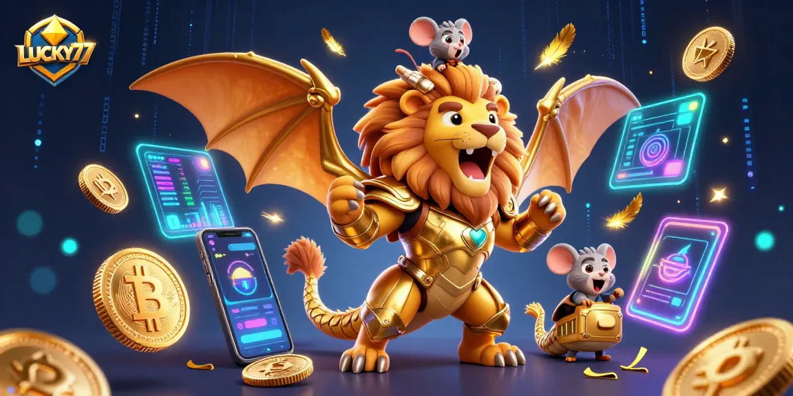 LUCKY77 brings fortune with a chimera creature in a vibrant gambling scene filled with crypto elements.
