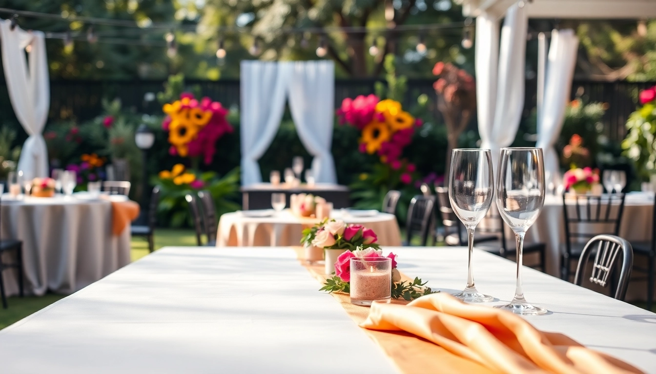 Elegant table rentals featuring diverse setups for outdoor events and celebrations.