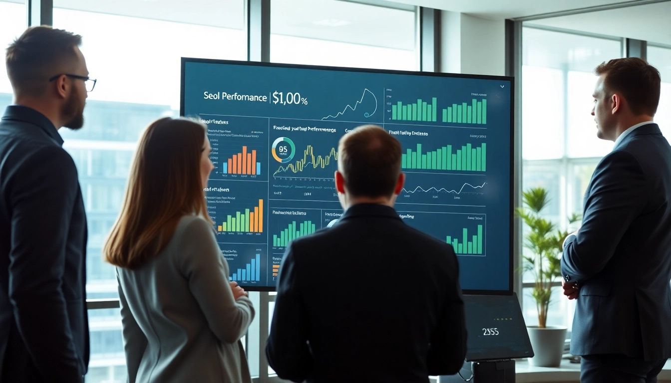 Enhance SEO performance with a team analyzing data in a bright, modern office.