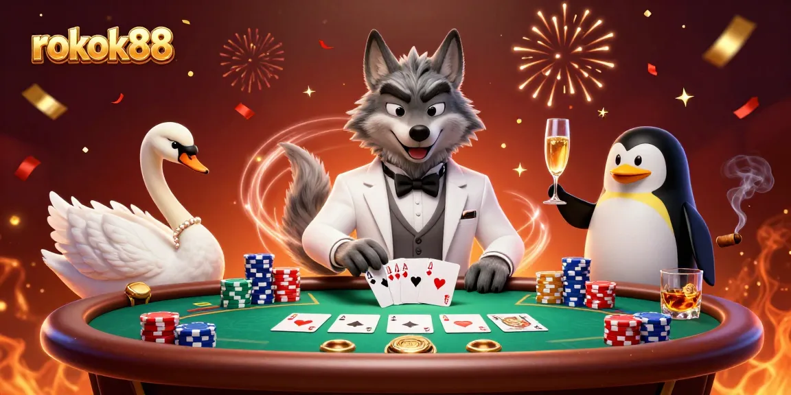 Experience excitement with rokok88 gameplay featuring cartoon wolf, swan dealer, and penguin sommelier.