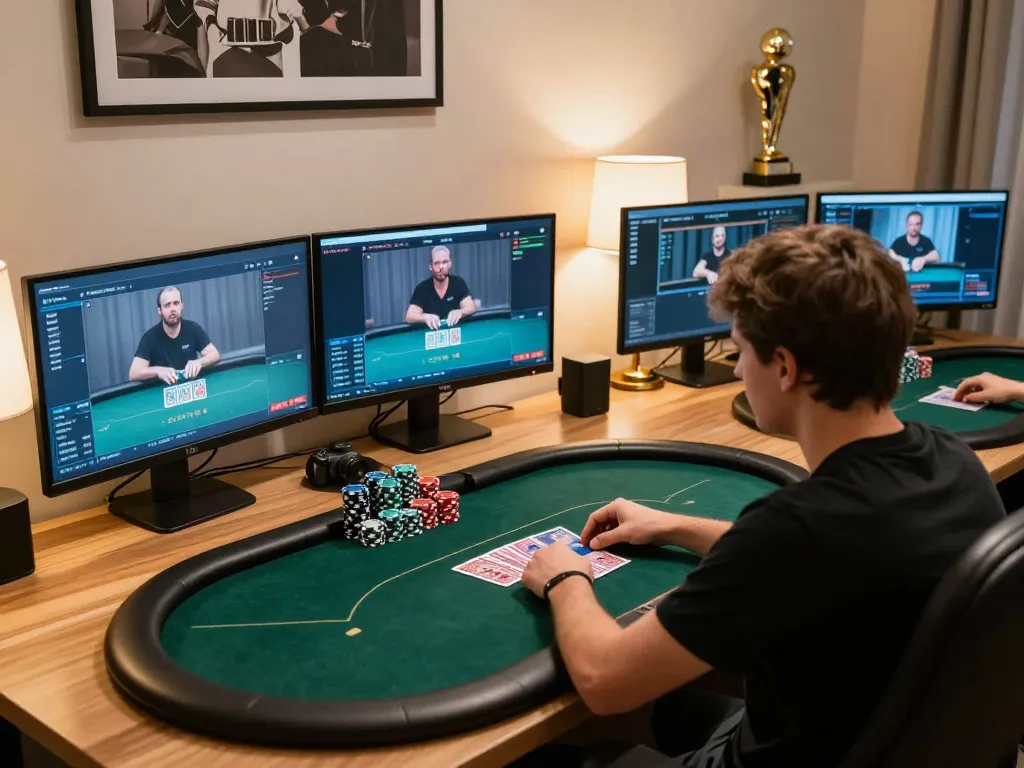 Player strategizing on 388bet with a focused online poker setup, showcasing chips and cards in action.