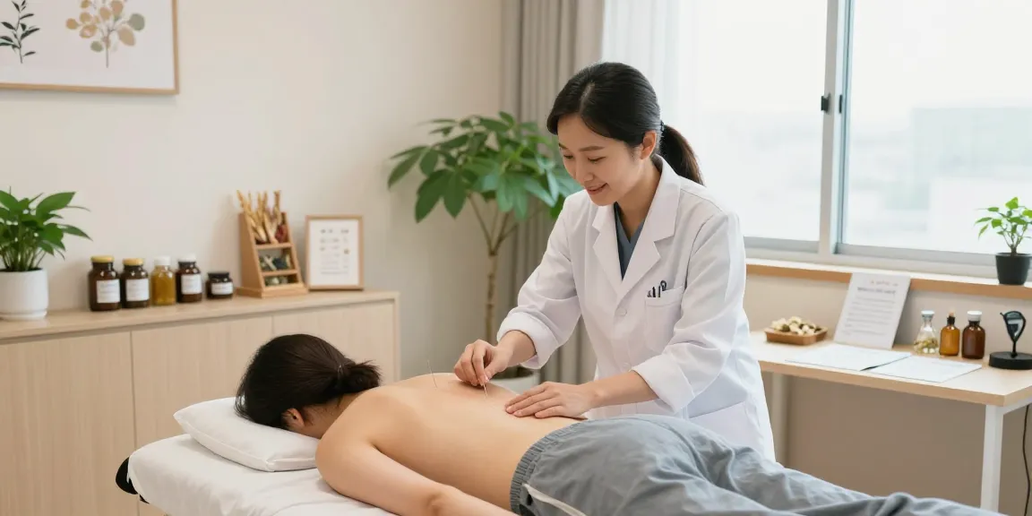 Therapist at 수원한의원 performing acupuncture in a warm treatment room with herbal remedies.