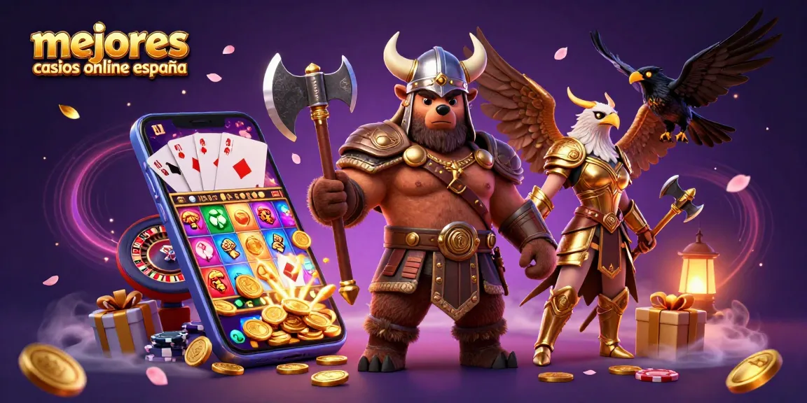 Mejores casinos online en España: ilustración 3D de un oso vikingo y una águila valquiria en un ambiente de juego dinámico.