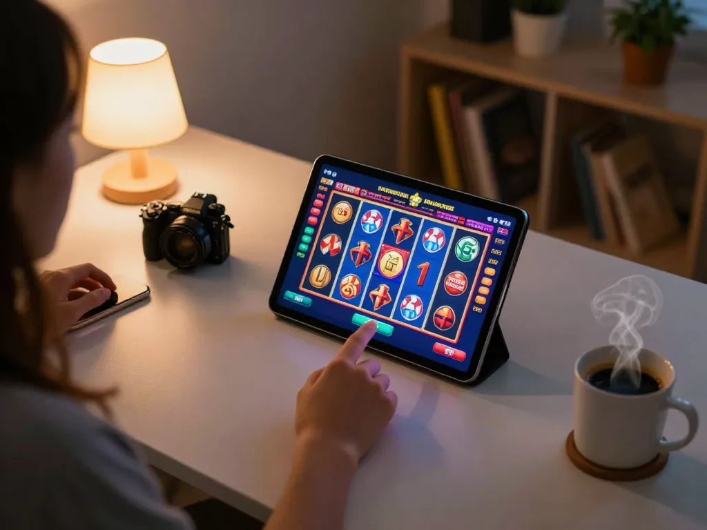 Engaging online slot gaming with jproyal slot interface illuminated on tablet screen