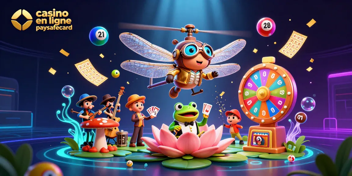Découvrez le casino en ligne paysafecard avec un pilote libellule et un croupier grenouille parmi des éléments de jeu animés.