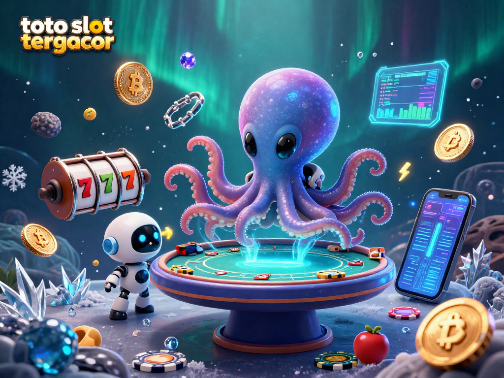Play thrilling toto slot tergacor with vibrant alien characters and cosmic casino elements in this 3D illustration.