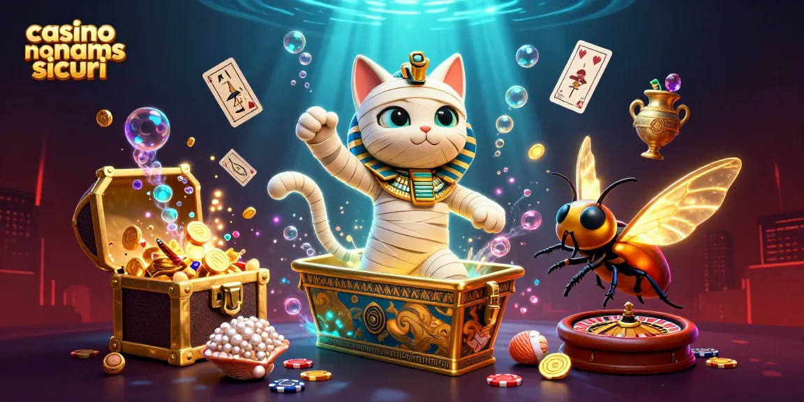 Esplora i migliori casinò non AAMS sicuri, con un gatto mummia che emerge da un sarcofago e carte in movimento.