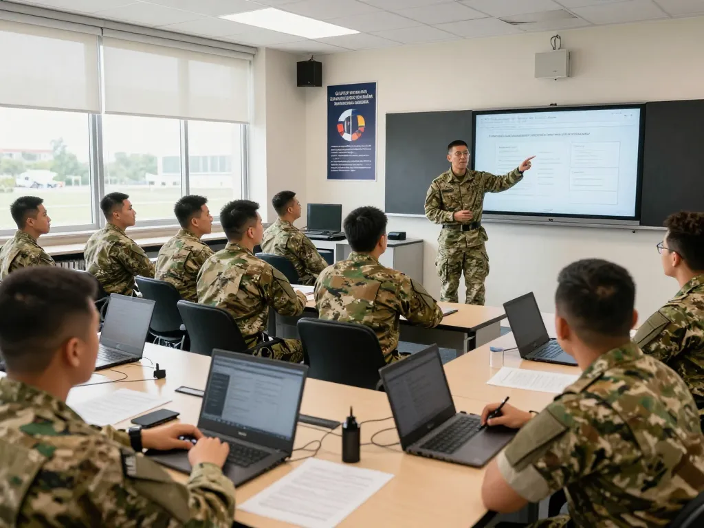Military personnel engaged in cool training session with collaborative learning elements.
