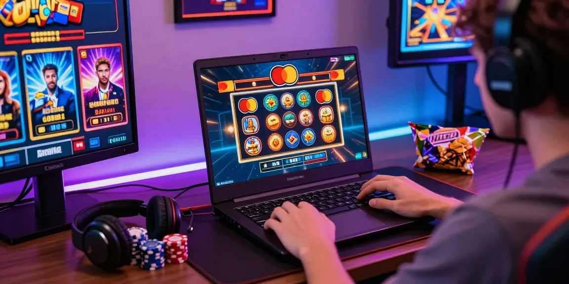 Engaged player enjoying credit card casinos with vibrant slot games on display