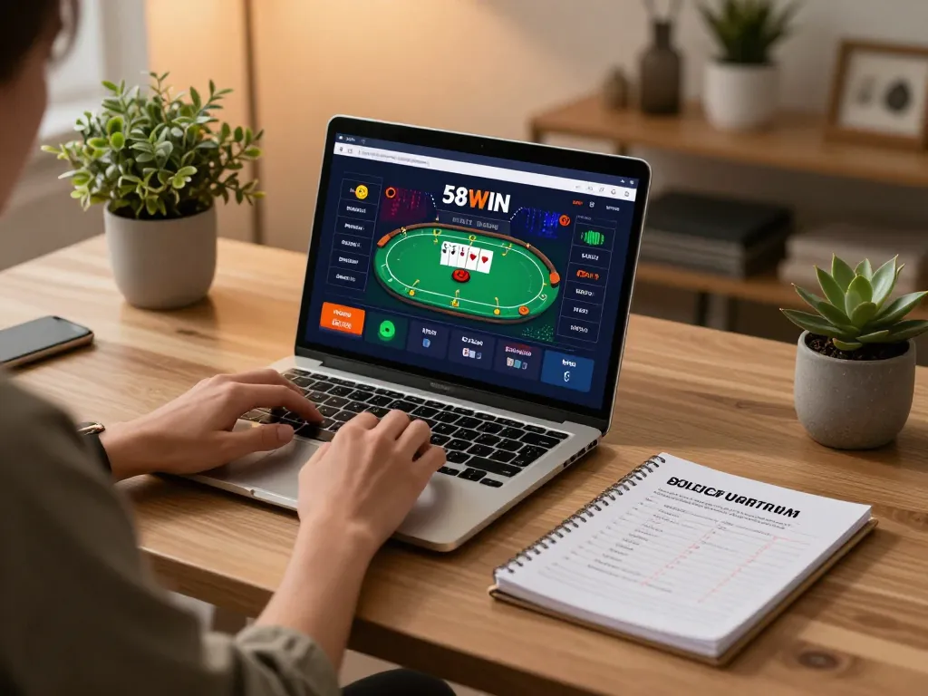 Player engaged in 58win online gaming with strategic notes in a cozy atmosphere