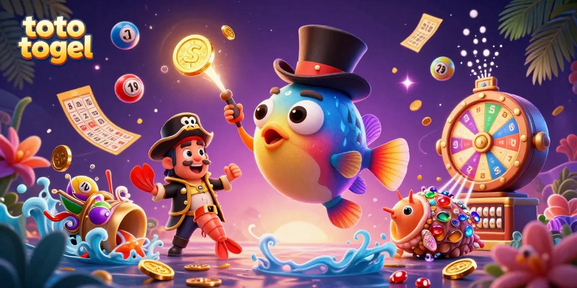 Experience excitement with toto togel as lucky creatures attract golden coins and vibrant lottery balls.