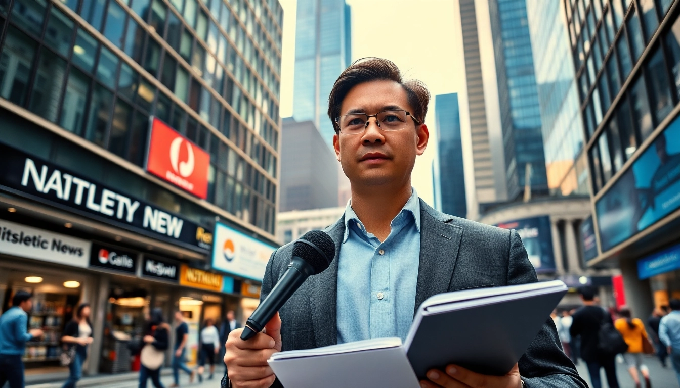 News reporter engaging with the audience on a busy street, showcasing vibrant city life.