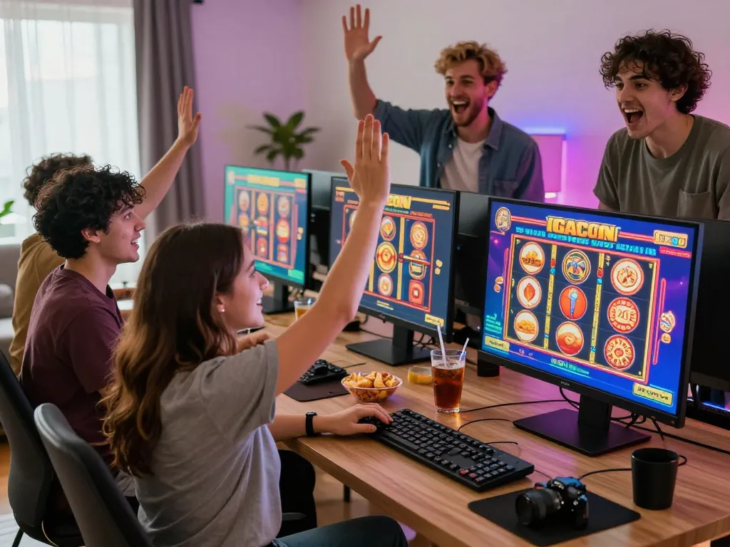 Teman-teman yang bersemangat terlibat dalam pengalaman permainan slot gacor di rumah dengan grafik yang berwarna-warni