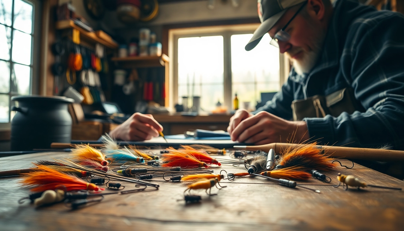 Focused fly tying activity showcasing intricate materials and tools in a serene workspace.