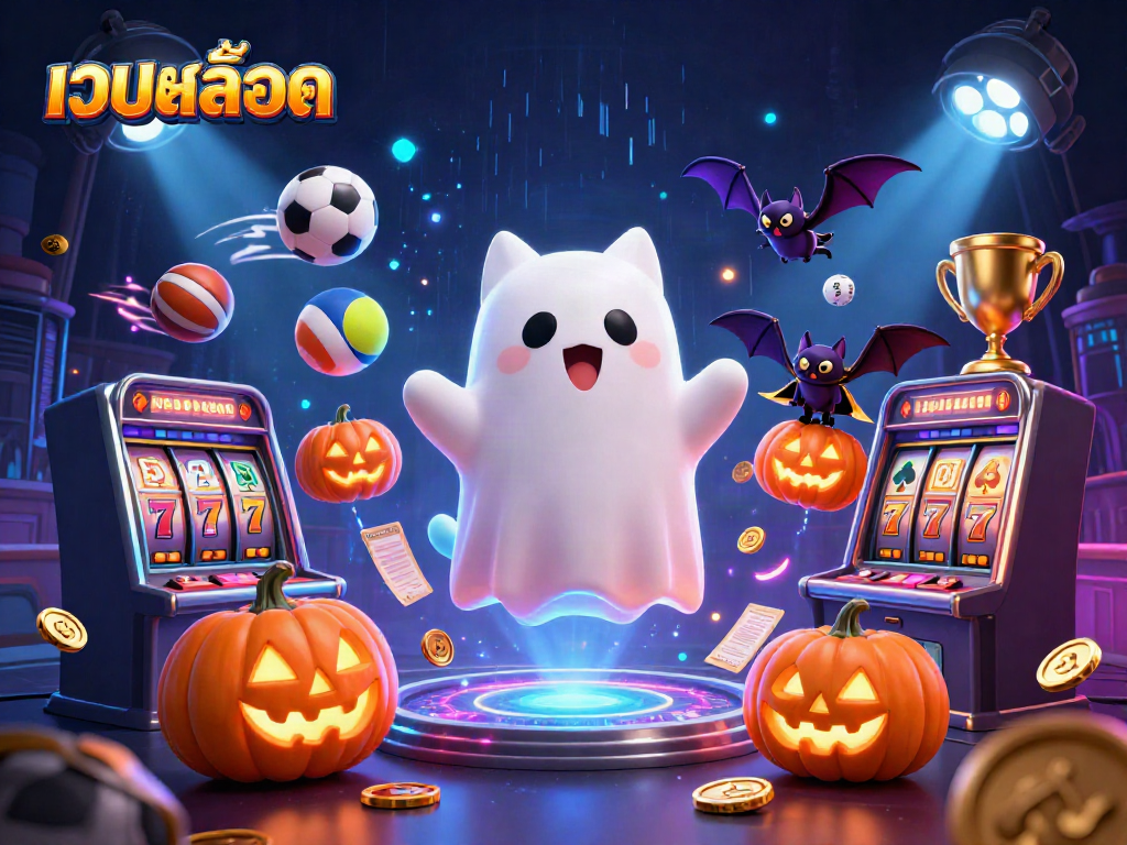 Engage in thrilling เว็บสล็อต adventures with a ghostly cat and sports elements in this vibrant scene.