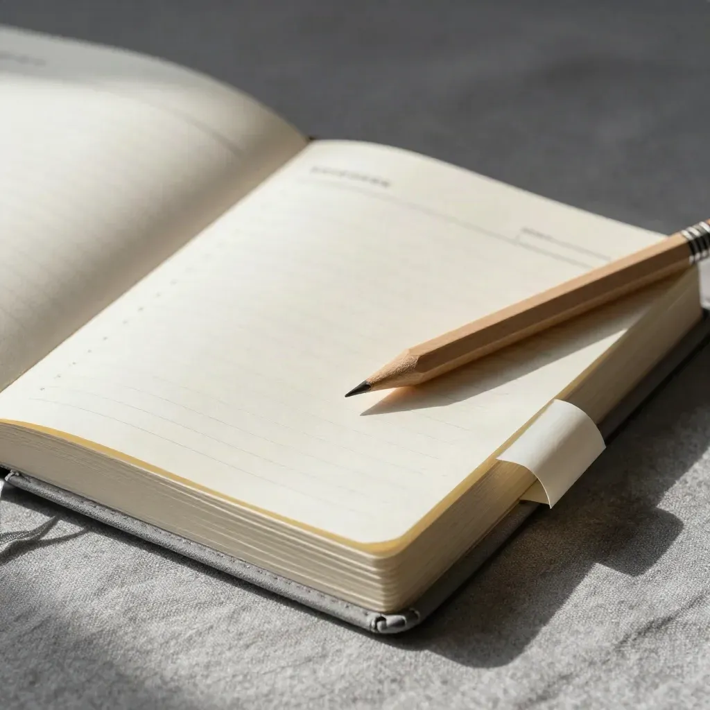 Top-down close-up of a weekly desk planner with pencil, clip tin and tab divider on linen.