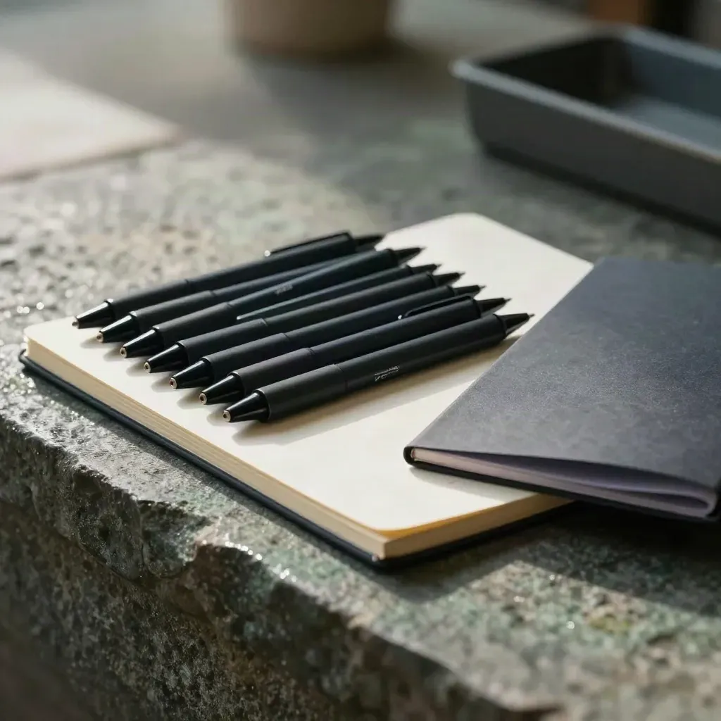 Black gel pens fanned with notebook, tray and folder on dark stone in misty dawn light.