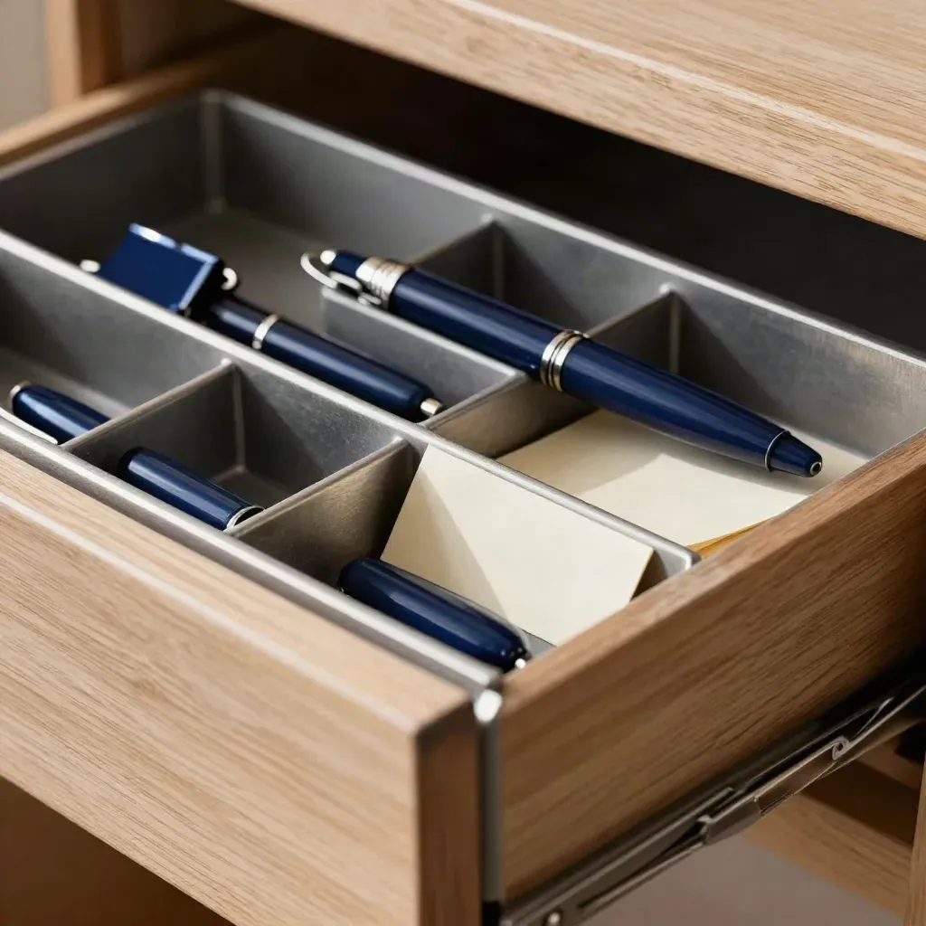 Open desk drawer tray with pens, clips, and folded memo card in raking light