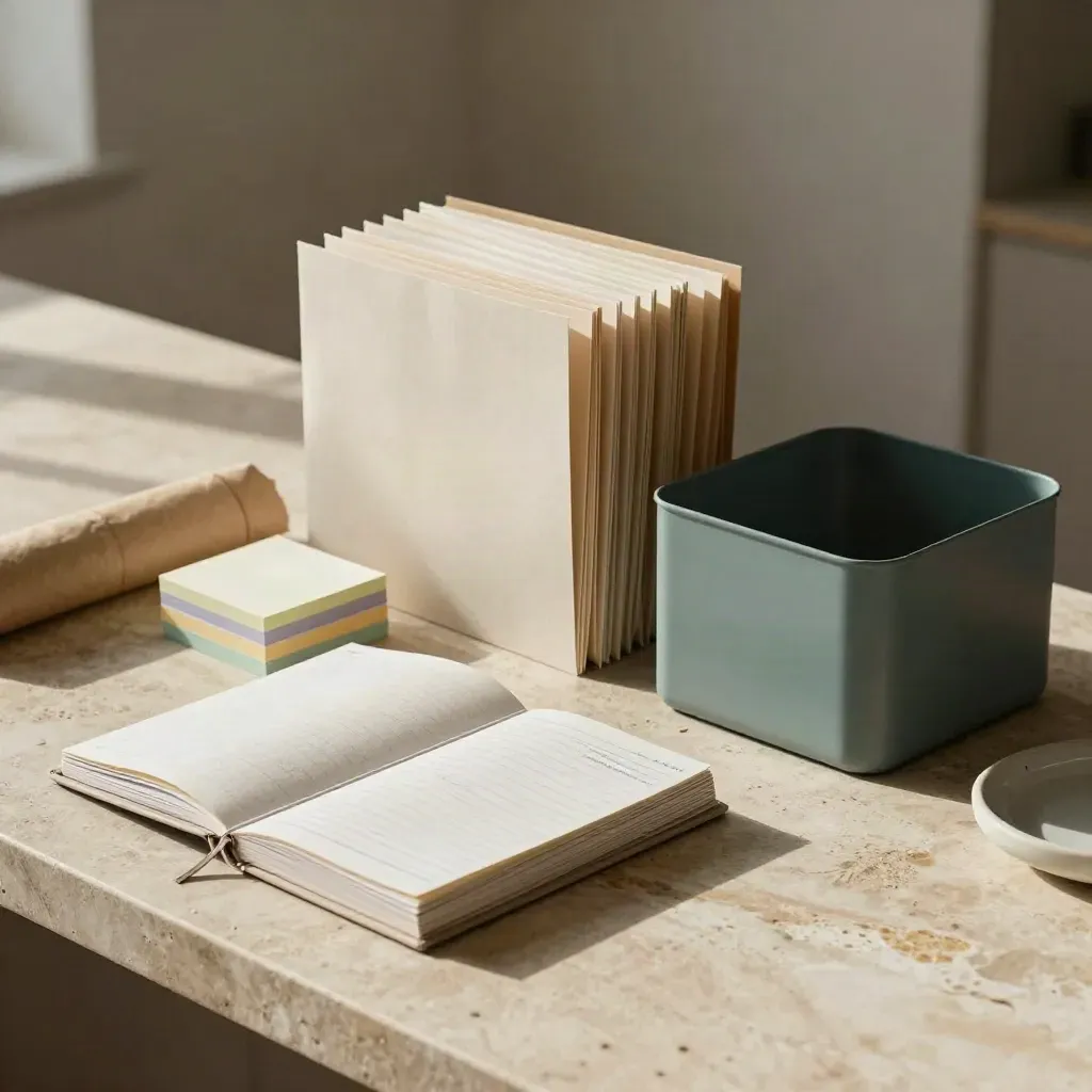 Planner, sticky notes, folders and a teal storage bin on a warm stone counter in soft daylight.
