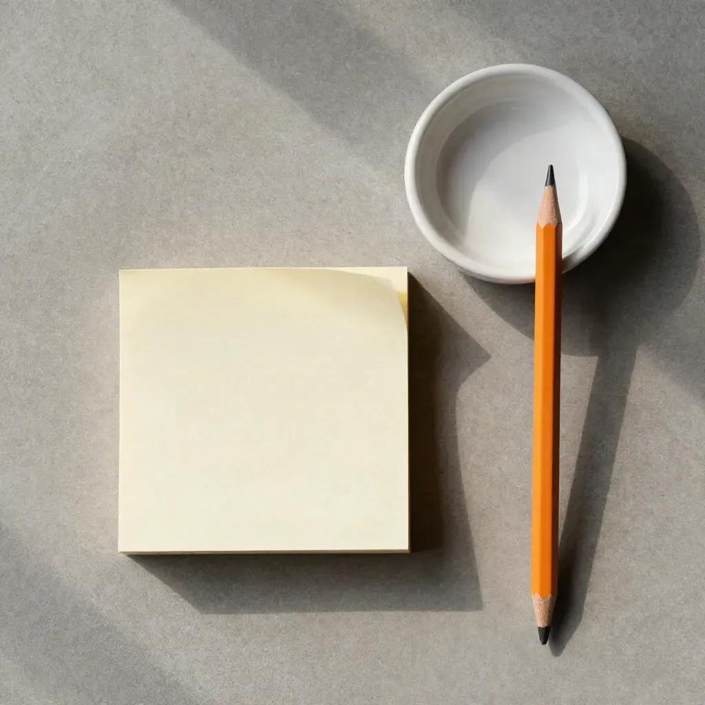 Sticky note cube, ceramic dish, and pencil in an overhead flatlay on concrete.