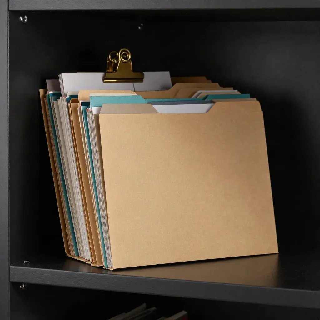 File folder pack with color tabs, brass clip, and notebook on a matte-black shelf