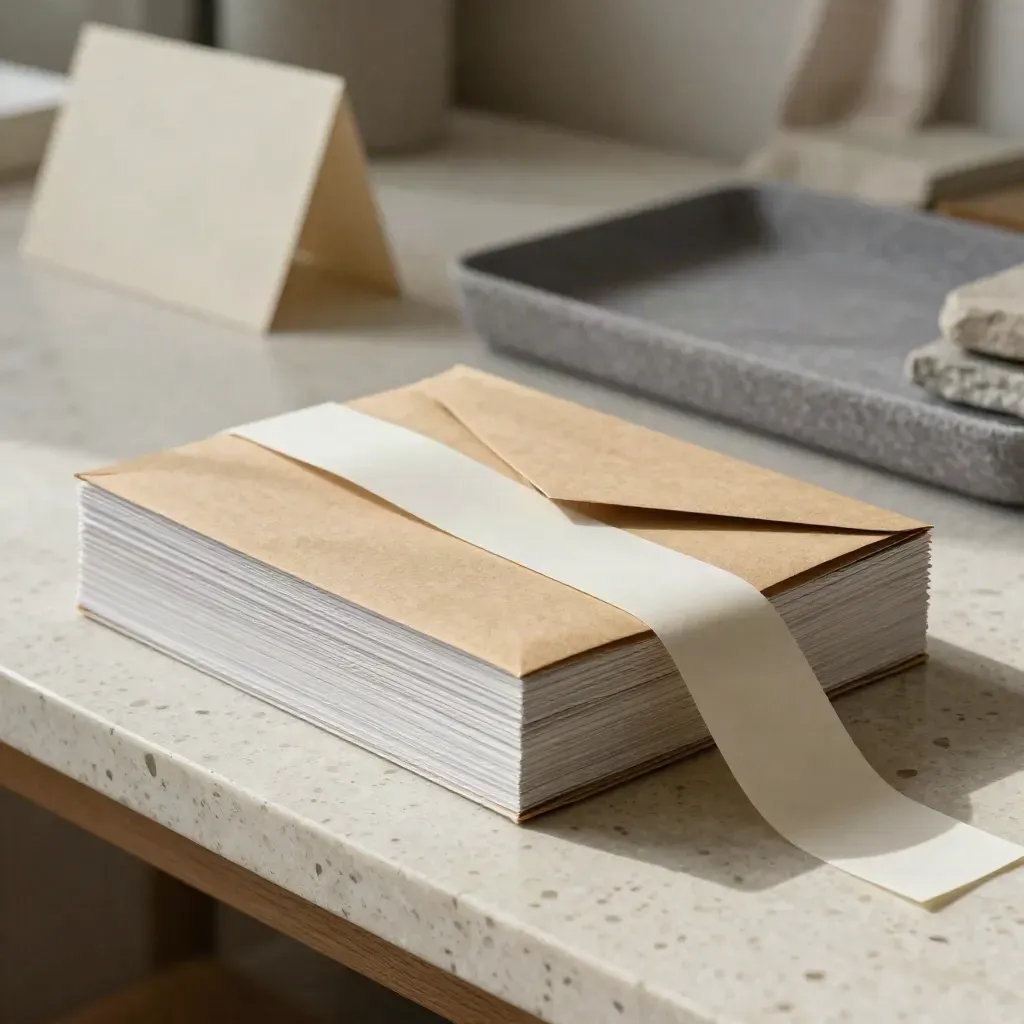 Label sheets bundle, kraft envelope and tape strip on a travertine packing bench in soft daylight