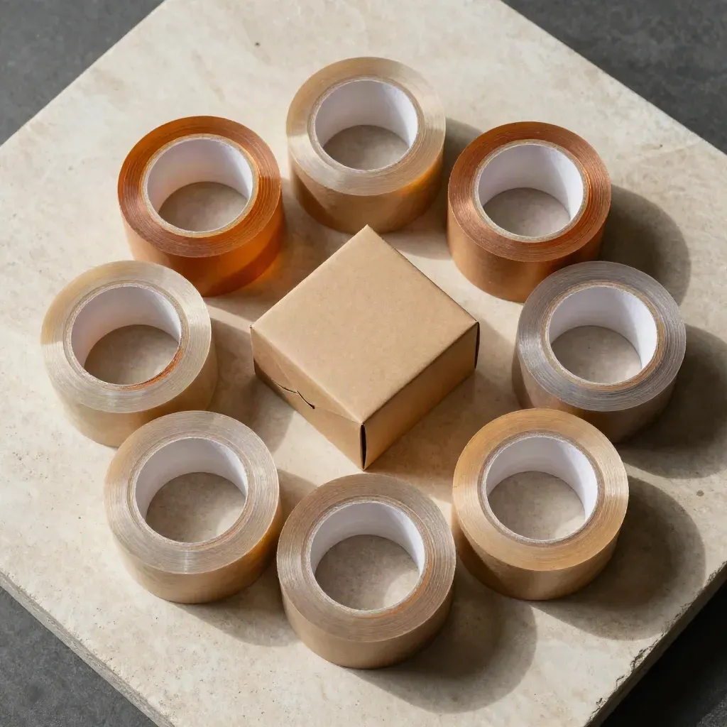 Overhead flatlay of six clear packing tape rolls, kraft cutter box and folded packing paper on stone.