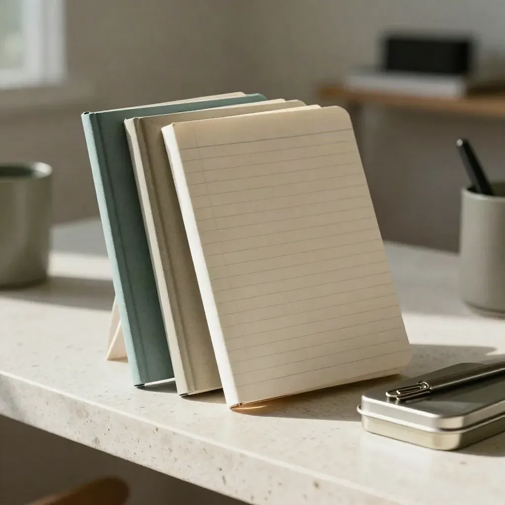 Three stacked notebooks on travertine with a tin and soft office shadows