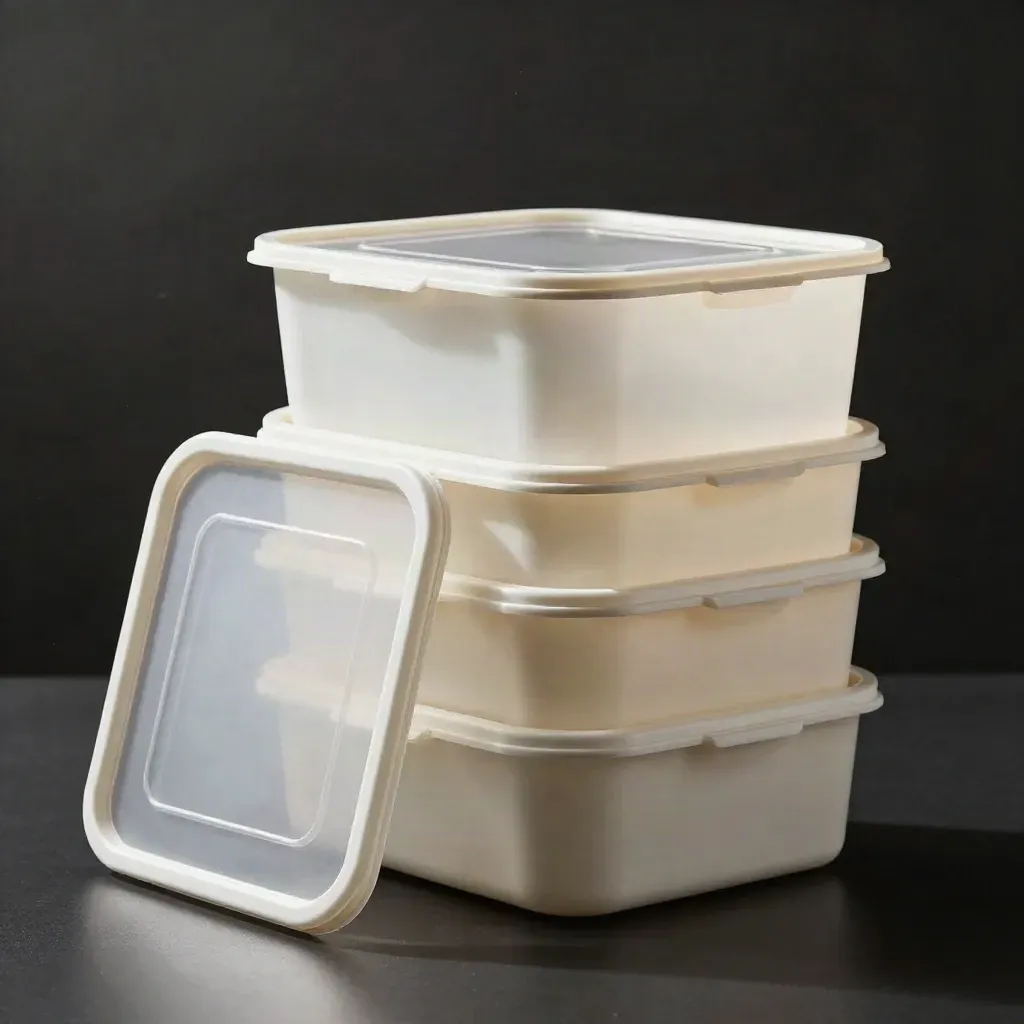 Stacked milky white storage bins with translucent lids on a matte-black studio surface.