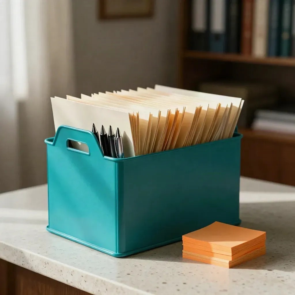 Teal storage bin, folders, pens, and orange notes on a travertine counter
