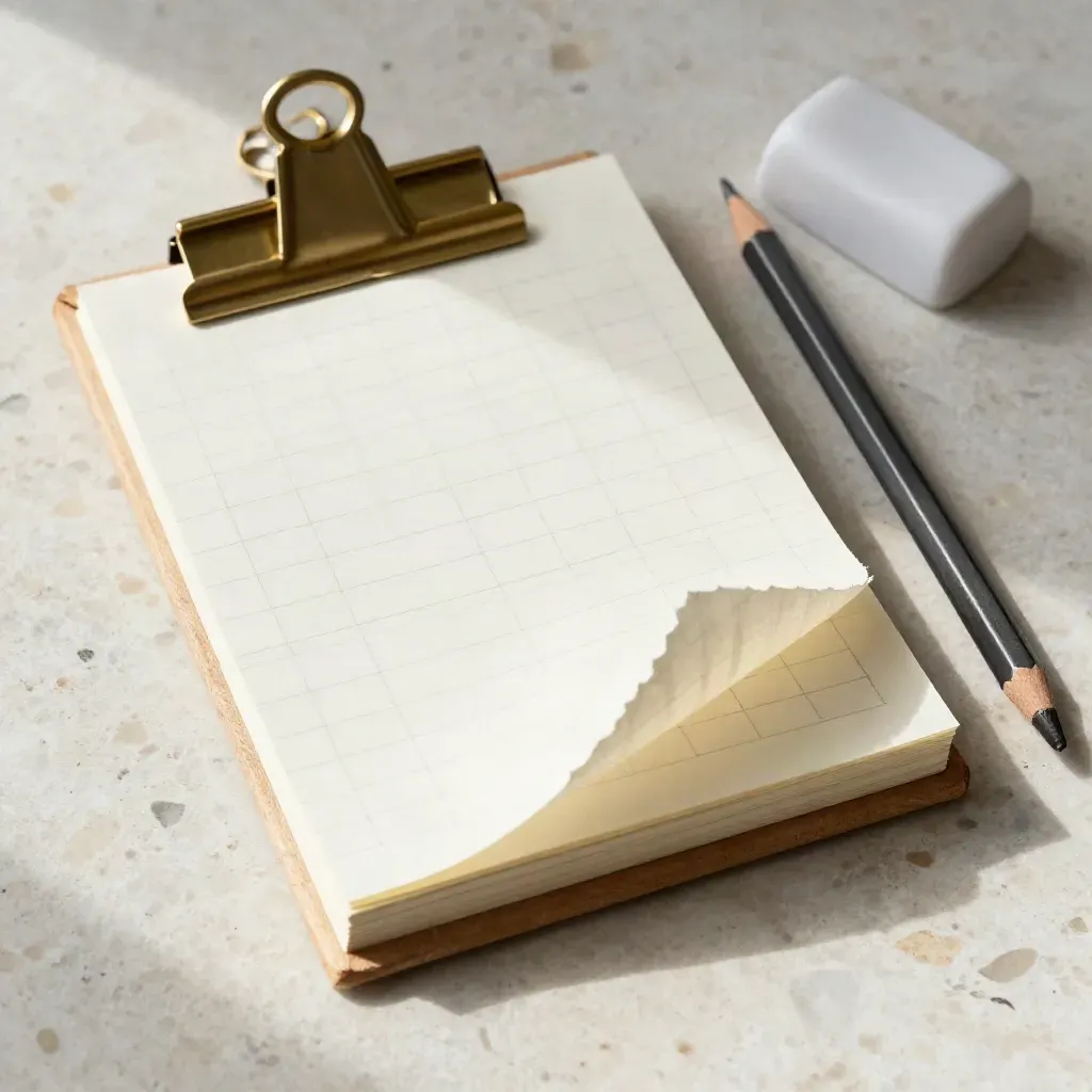 Overhead desk calendar pad with pencil, brass clip and paperweight on pale travertine.