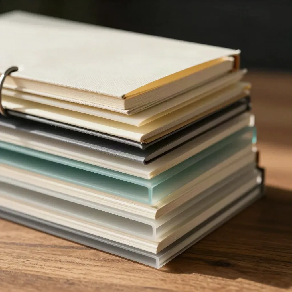 Macro of translucent tab dividers fanned beside a notebook, teal accent, warm wood light.