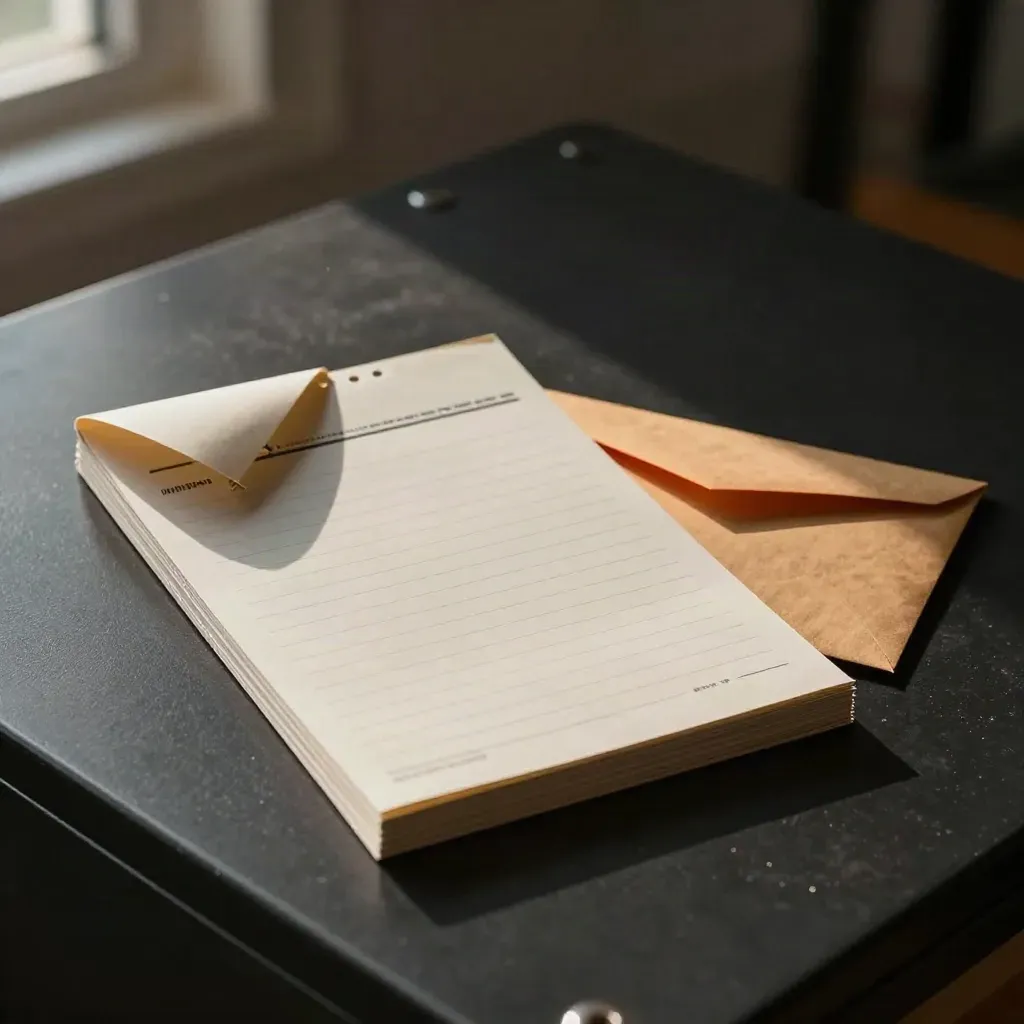 Blank mailing label sheets with a kraft envelope on a dark studio surface.