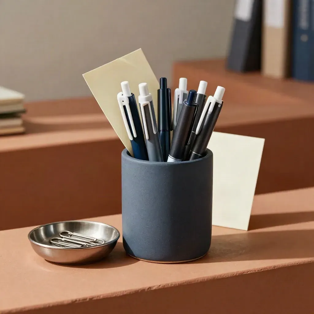 Matte pen cup with gel pens, paperclip tray and folded memo on a terracotta shelf.