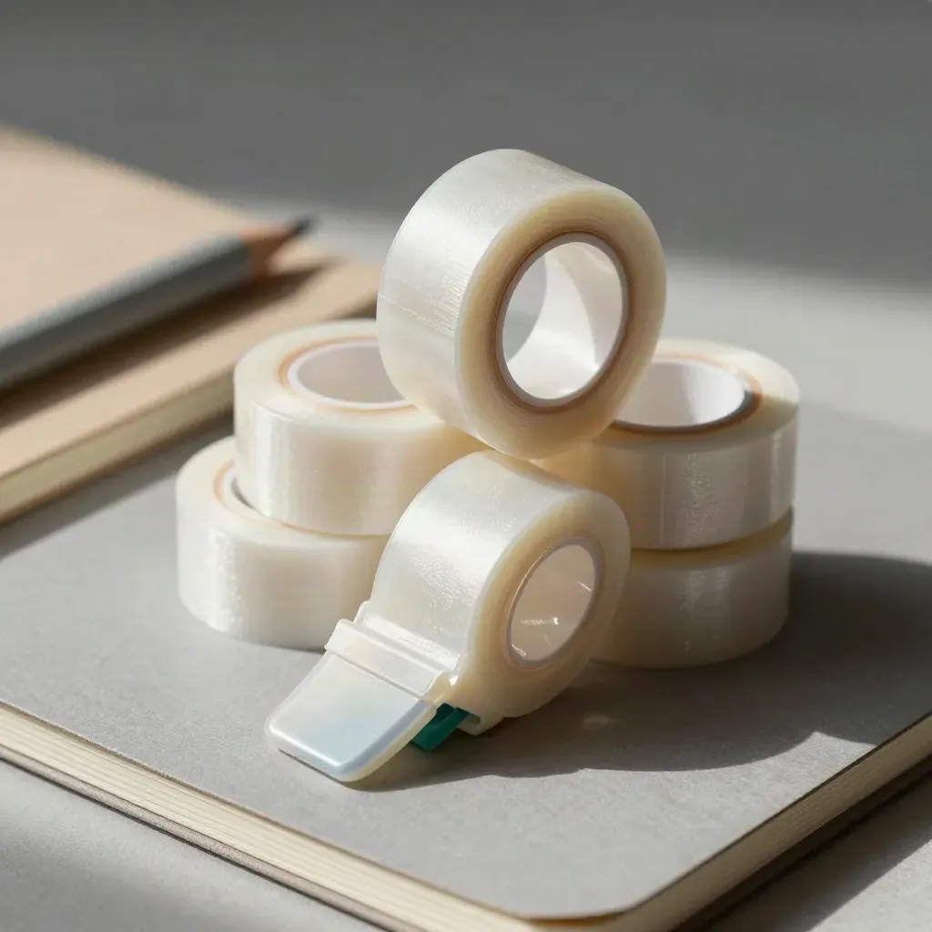Five correction tape dispensers with a slim notebook and pencil on soft gray paperboard.