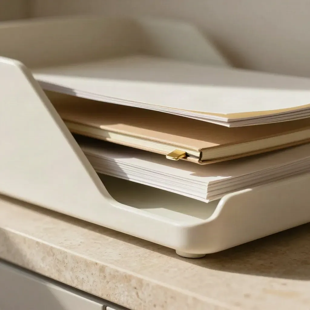 Brushed off-white document tray with blank paper, notebook and brass clip on limestone.
