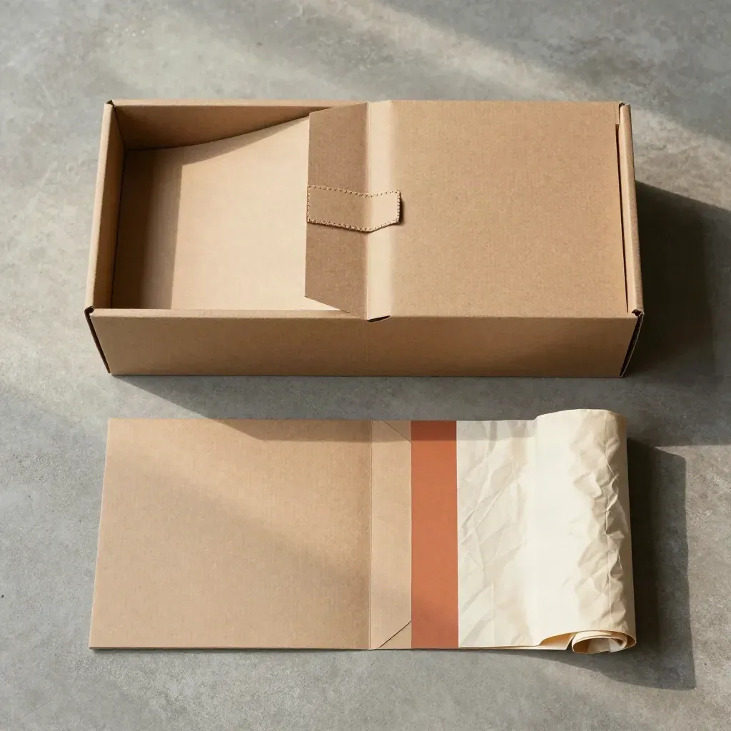 Top-down kraft archive storage box half-folded on concrete with tissue wrap and soft orange accents.