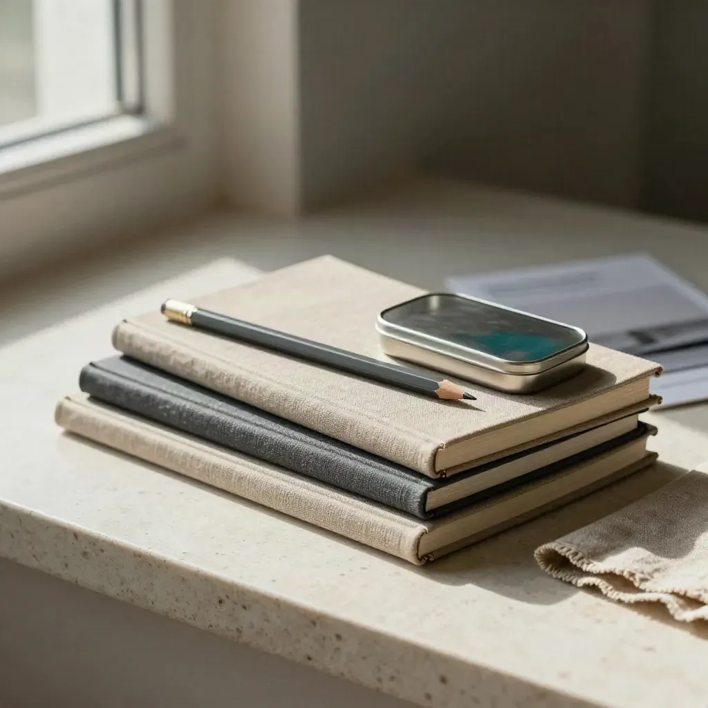 Three neutral meeting notebooks with a pencil and metal tin on travertine, softly lit