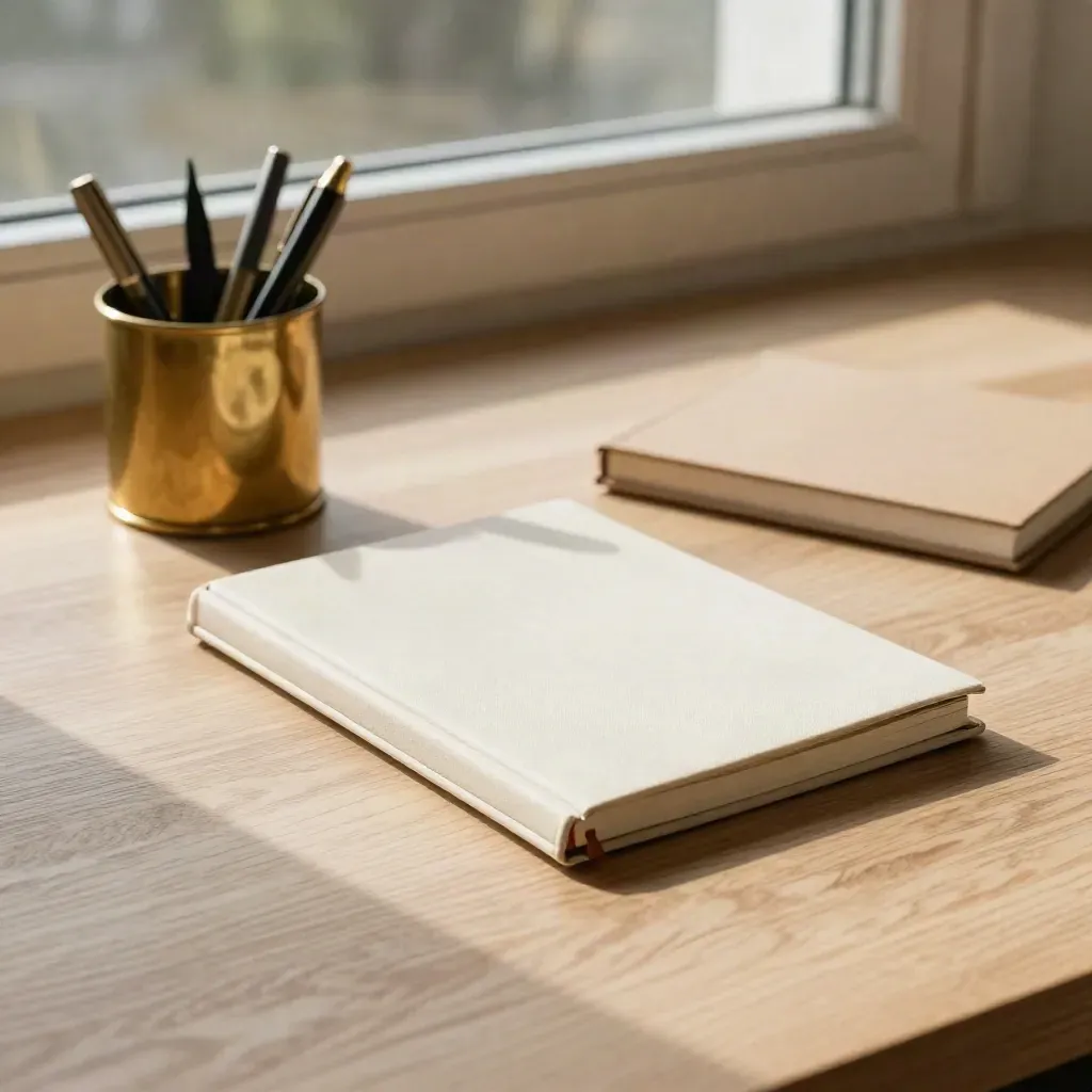 Pale oak desktop with brass cup, closed notebook, and window light above calm copy space.